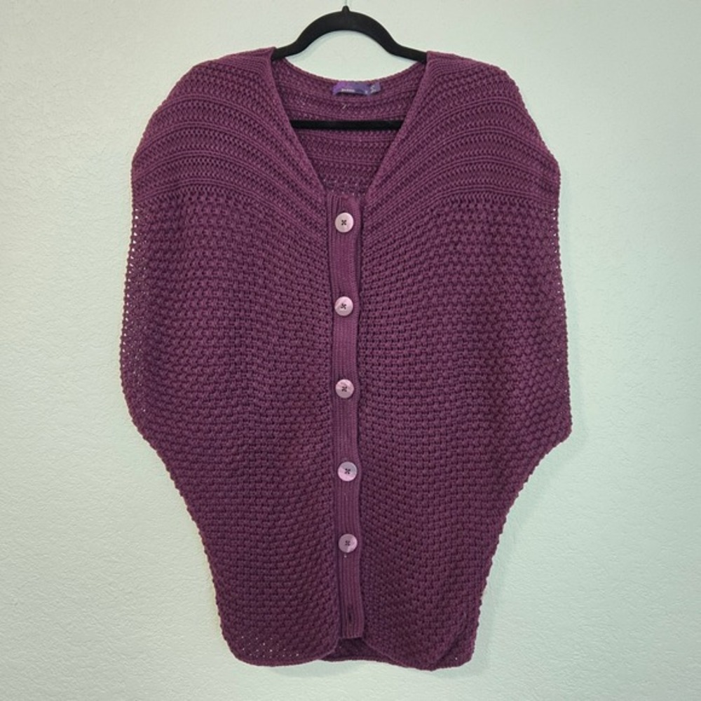 PrAna Plum Purple Knit Batwing Sleeveless Button Up Cardigan Sweater Chunky Knit